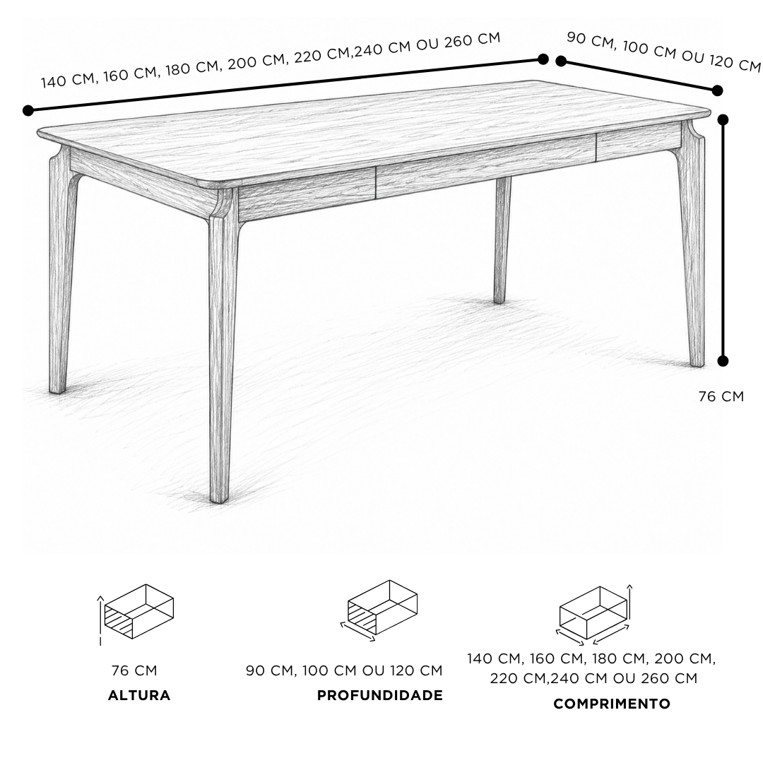 Tabela de medidas da Mesa Elos